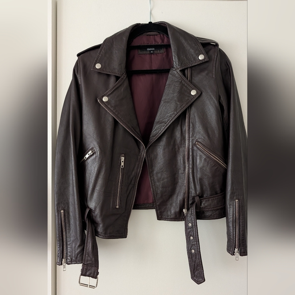 Quince Dark Brown Leather Biker Jacket with Silver Hardware